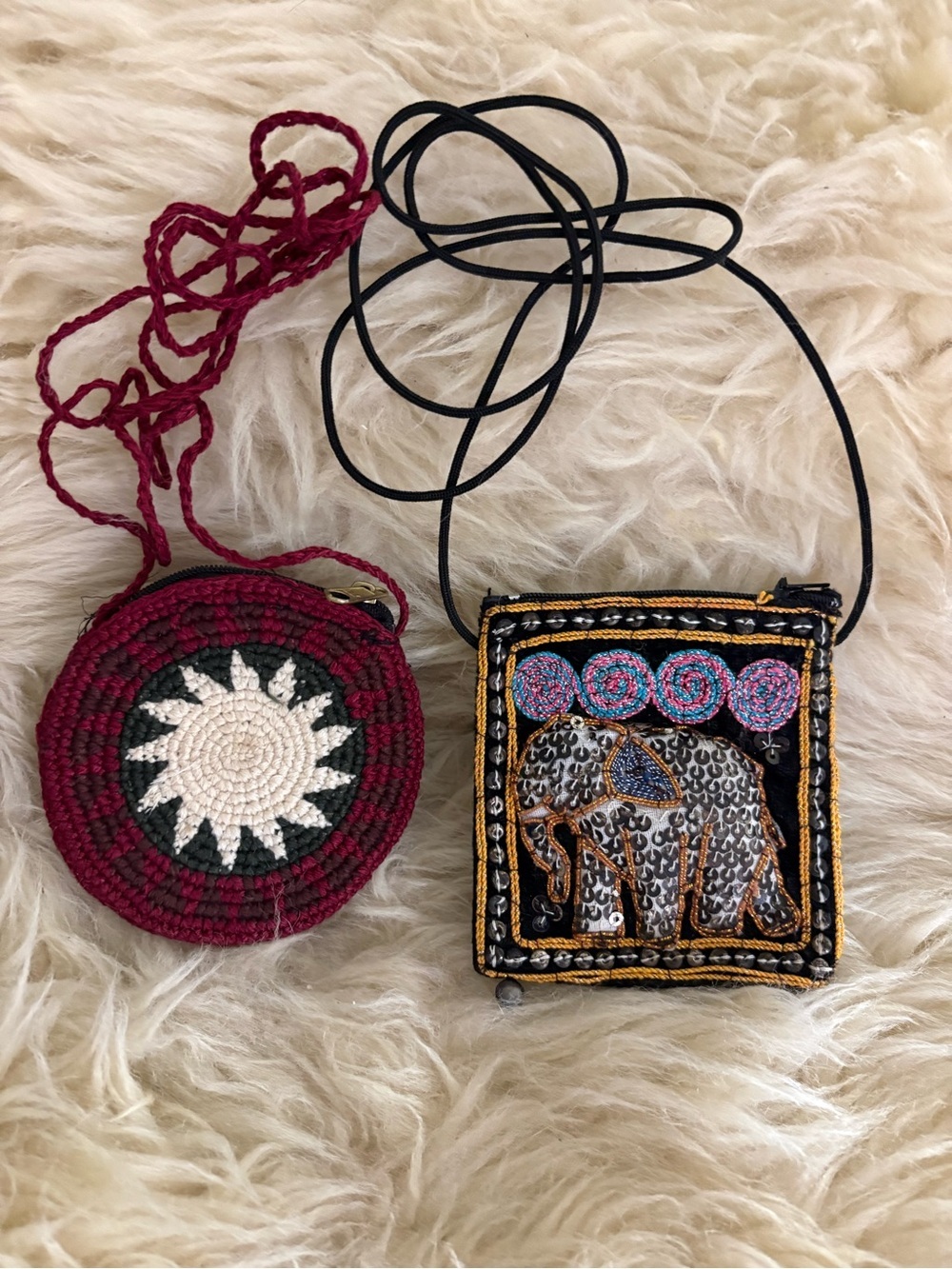 Set/ 2 Handmade Mini Coin Pouch Bags Woven Ethnic Bohemian